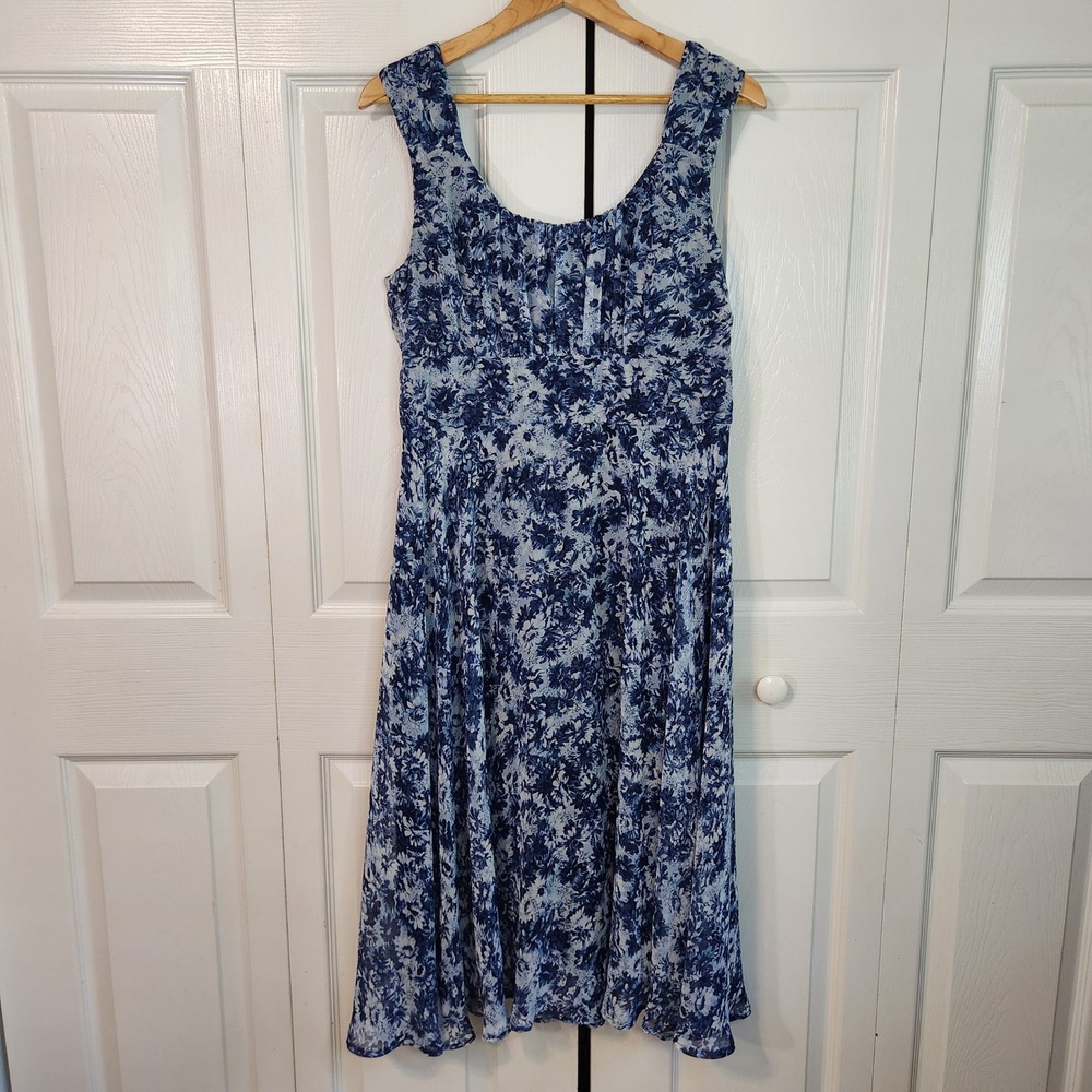 NorthStyle Blue Floral Chiffon Midi Dress Sleeveless Empire Waist Babydoll SZ 12